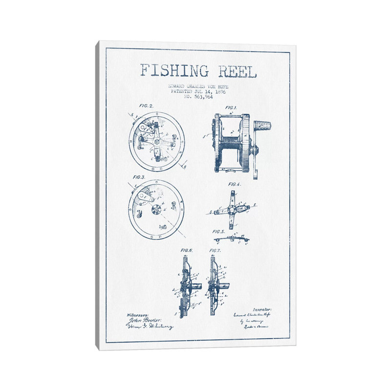 E.C. Vom Hofe Fishing Reel Patent Sketch (Ink) by Aged Pixel - Wrapped Canvas Gallery-Wrapped Canvas Giclée