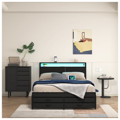 Queen Size Bed Frame with 8 Storage Drawers, LED Headboard with Charging Station - Metal Platform Bed Frame, No Box Spring Needed, Noise-Free, Black