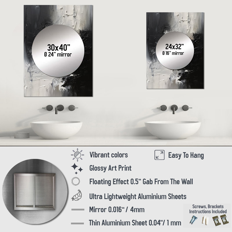 Trotta, noir et blanc, coups de pinceau délicats II - marbre, miroir mural unique, art moderne imprimé, 40 po x 30 po