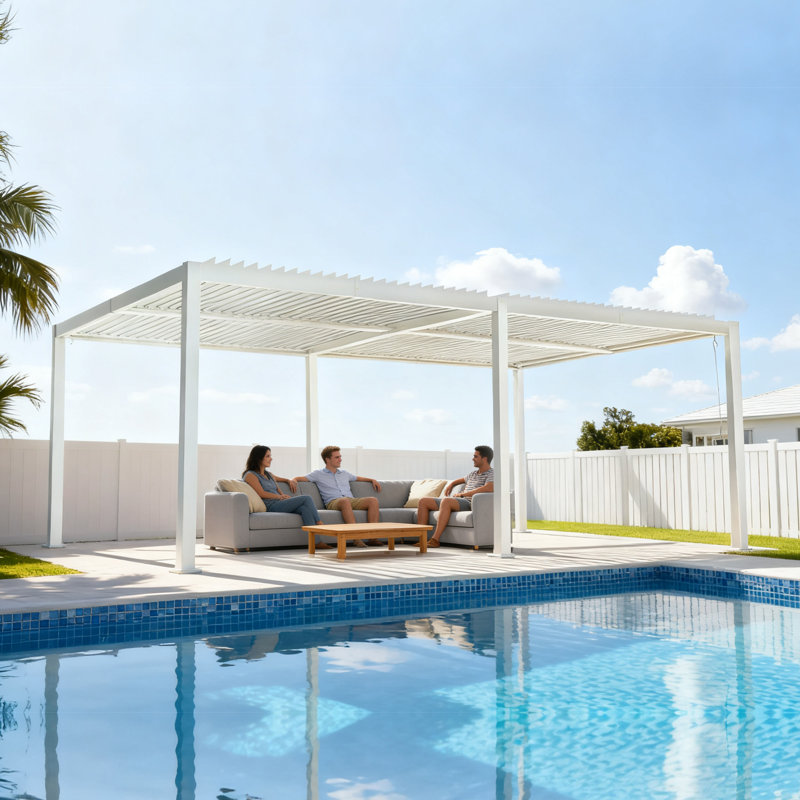 Kozyard Outdoor Louvered Pergola 12' x 20' Pergola Sun Shade All-Weather Aluminum Packing Shelter with Drainage System Adjustable Roof Waterproof for Poolside Patio Garden Yard White