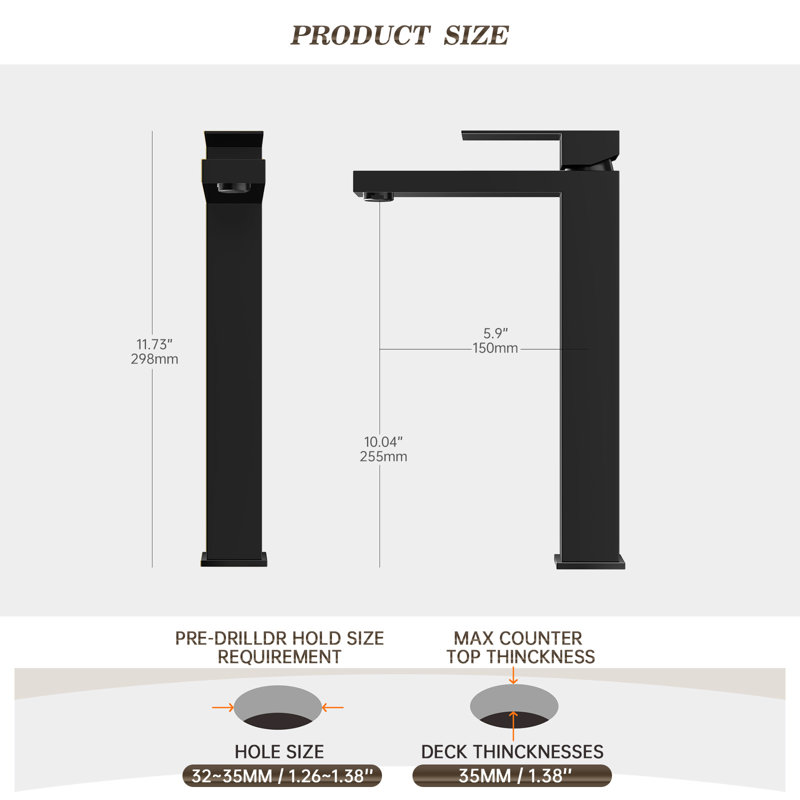 Robinet de lavabo vasque noir à poignée simple avec tuyau d'alimentation en eau au-dessus du comptoir et drain escamotable