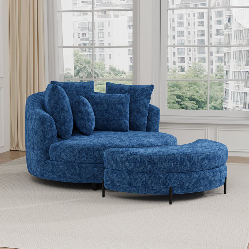 59.8" W Oversized Barrel Chair, Chenille Sofa Chair  With Ottoman And Pillows, Blue