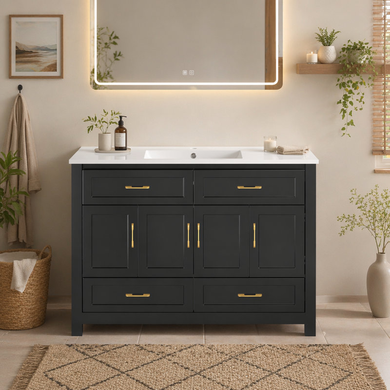 Ensemble de meuble-lavabo noir 48 po avec lavabo en résine, armoire de rangement abondante - 4 portes à fermeture douce et 4 tiroirs