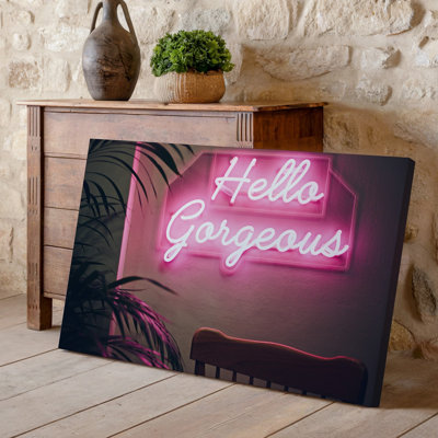 Canvas A Cozy Indoor Scene Featuring A Softly Lit Wall Adorned Wall Art With A Vibrant Pink Neon Sign That Reads Hello Gorgeous For Canvas Wall Art