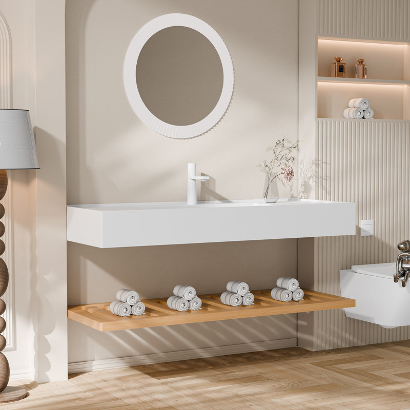 Meuble-lavabo flottant mural 48 po avec lavabo en acrylique et tablette ouverte - finition naturelle ou noyer, Bois naturel