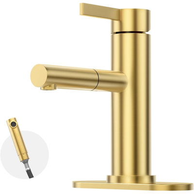 Pull-Out Bathroom Faucet, Brushed Gold Single Handle with Pull Down Sprayer & Pop-Up Drain, 1 or 3 Hole Round RV Bar Laundry Utility Sink Small Faucet with Deck Plate