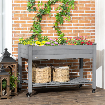 Boîte à fleurs surélevée en bois 47 po x 22 po x 33 po avec roulettes verrouillables, gris foncé - 2 tablettes de rangement pour lit de jardin et trous de drainage pour patio et tablette de jardin, 47 po x 22 po x 33 po, doublure à roues surélevées