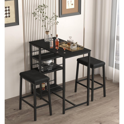 Stourbirdge 3 Piece Dining Table Set for 2, Compact Dining Set w/Storage Shelves and Kitchen Stools