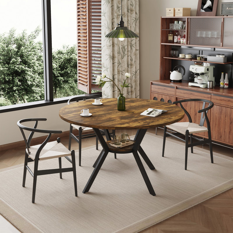 42 Inch Round Dining Table With Storage Shelf, Sunset-Colored Wood, 29.92'' H x 42.13'' W x 42.13'' D