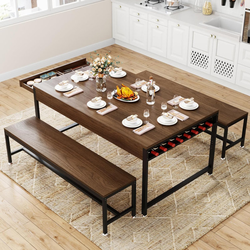Walnut 63'' Dining Table Set with Benches and Wine Rack