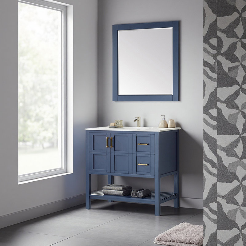 Meuble-lavabo italien en bois bleu de style minimaliste avec comptoir en pierre reconstituée