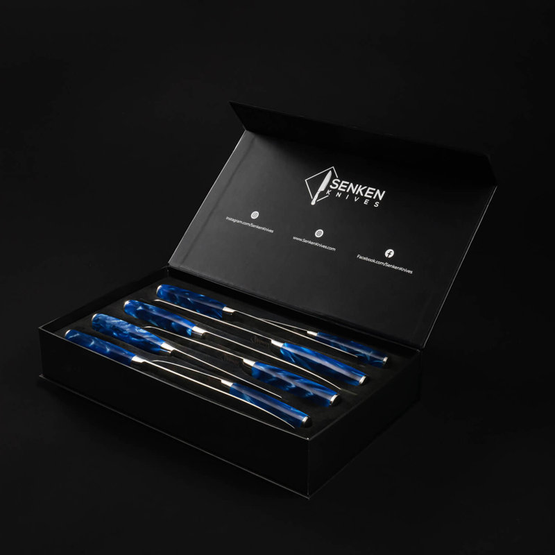 Senken Knives Senken Knives 8-Piece Japanese Kitchen Knife Set With Damascus Blade Pattern & Blue Resin Handles - Cerulean Collection Professional Chef Knife Set with Gift Box