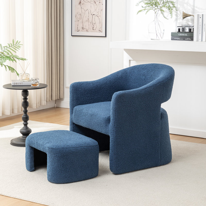 Fauteuil demi-tonneau avec repose-pieds, Fausse fourrure bleu marine