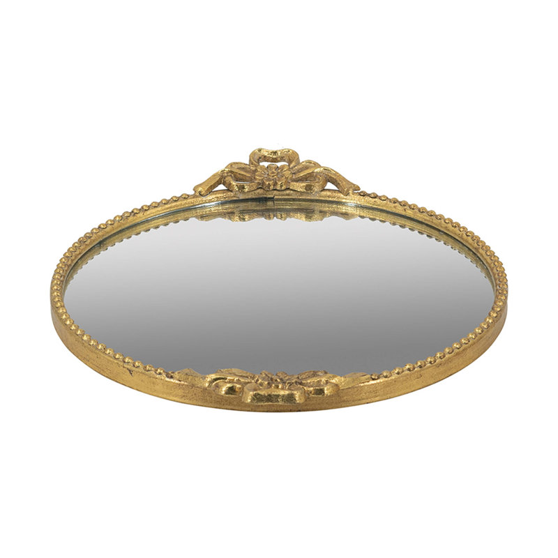 Plateau rond en fer 18 x 2 x 15 po avec cadre doré orné et surface en miroir