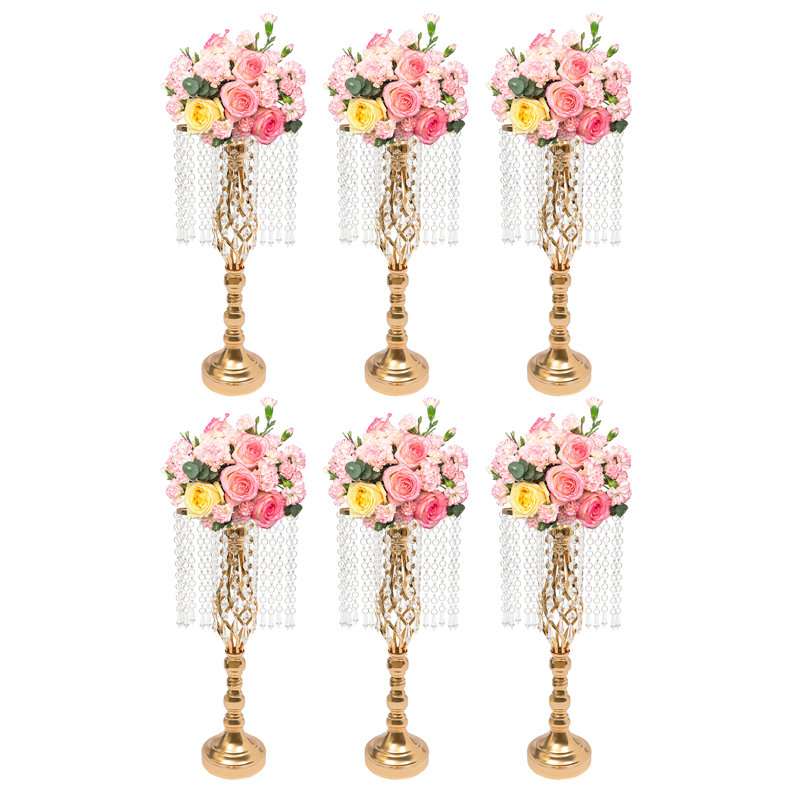6PCS Support à fleurs en cristal, route de mariage, grands porte-fleurs, centre de table, vase en cristal en métal pour tables de réception, fournitures de mariage 