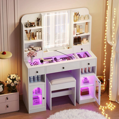 Meuble-lavabo 43,2 po avec miroir à DEL et lumières, meuble-lavabo à dessus en verre avec armoires en verre RVB, coiffeuse à 5 tiroirs, tablettes de rangement et tabouret pour la chambre à coucher