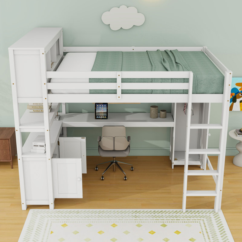 Queen Wood Loft Bed With Wardrobe, Desk And Cabinet, White