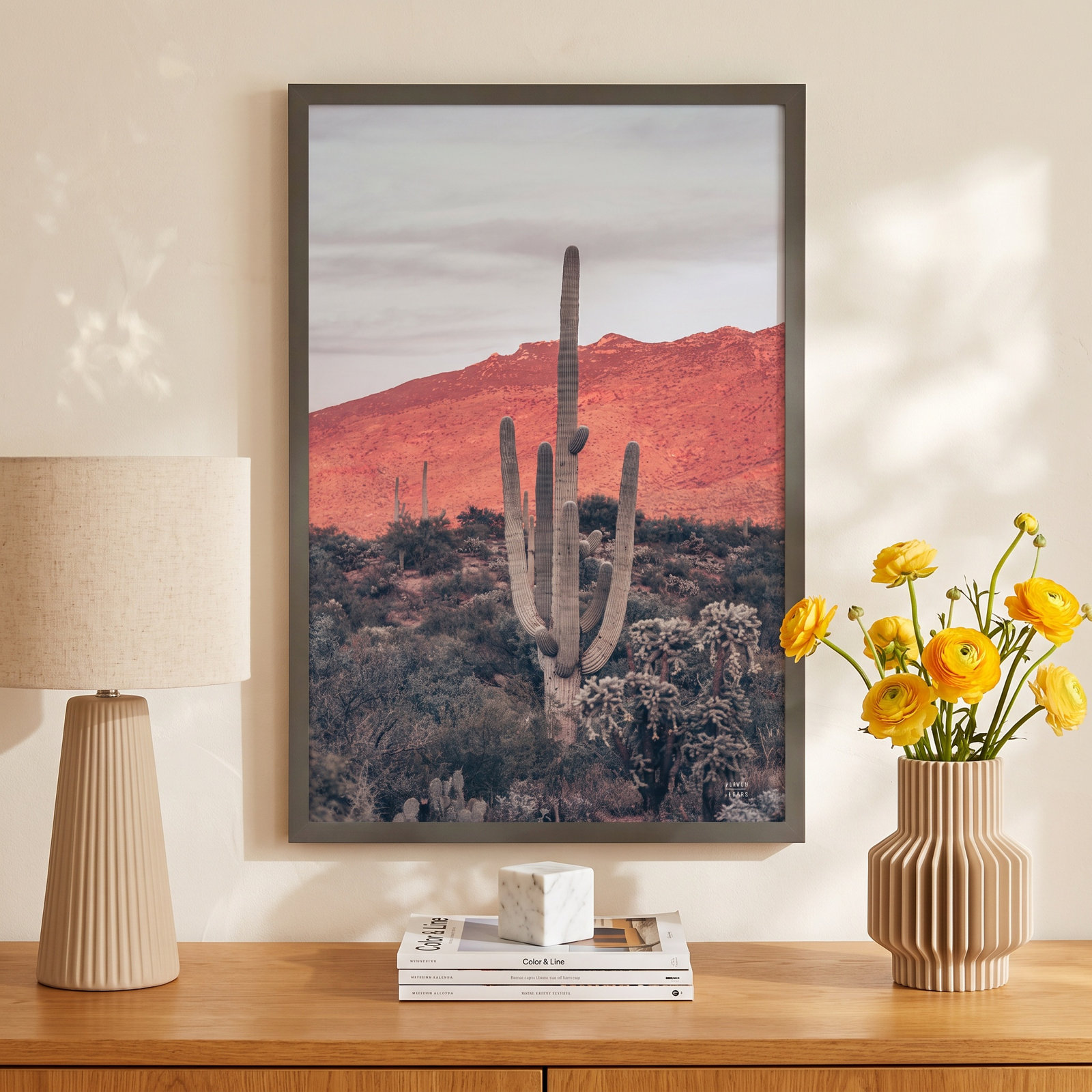 Sunsets and Saguaros Desert Photo Print, 33" H x 23" W x 1" D, Gray