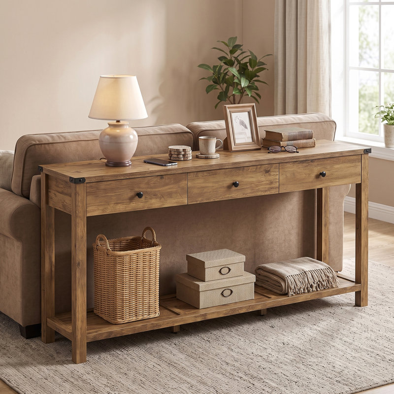 Sahai 63.4" Console Table with 3 Drawers, Honey Brown, 30.3'' H x 63.4'' W x 9.8'' D