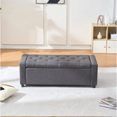 Banc de rangement pour chambre 48 po pour bout de lit, repose-pieds rembourré en faux lin avec accoudoirs pour chambre à coucher, salon, entrée, gris