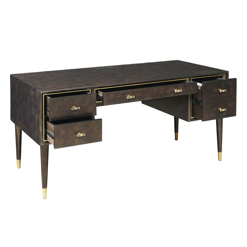 Chocolate Brown Burl Maple Wood 4-Drawer Desk with Charging Port
