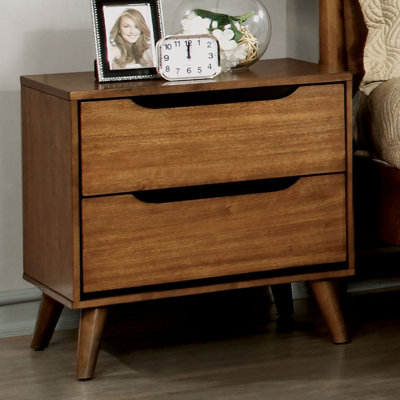 Mid-Century Modern Solid Wood Nightstand With 2-Drawers And Round Tapered Legs For Elegant Bedroom Storage