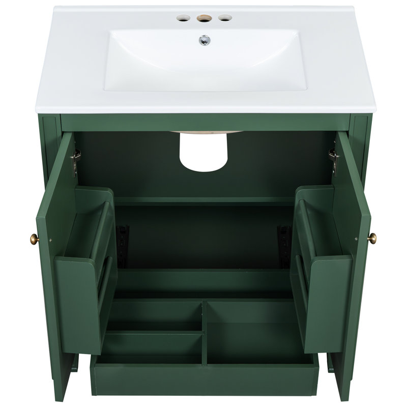 Meuble-lavabo de 30 po avec lavabo en céramique, style rétro, charnières à fermeture en douceur - grandes portes de rangement et tablettes réglables à lignes lisses, armoire à mécanisme abondante