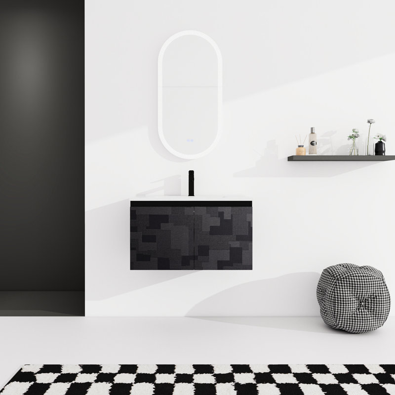Meuble-lavabo moderne de 30 po. Lavabo et porte en céramique. Contreplaqué. Noir Rangement à 2 portes pour articles divers et armoire à articles. Apparence à fermeture en douceur. Espace