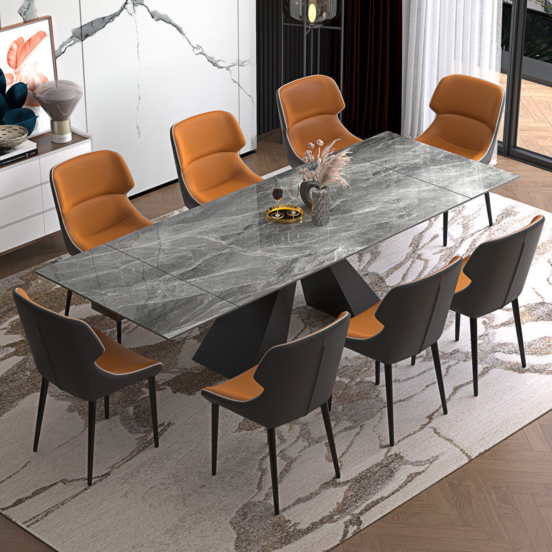  Modern Dining Table Set With 78.7''-110'' Extendable Faux Marble Top And 8 Faux Leather Dining Chairs, Orange, Italian Gray