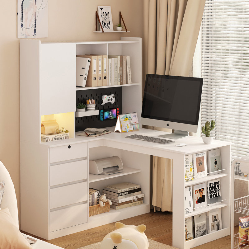 Bureau d'ordinateur en forme de L avec rangement et DEL - Économie d'espace, élégant pour le bureau personnel Crochet pour casque de jeu en L moderne