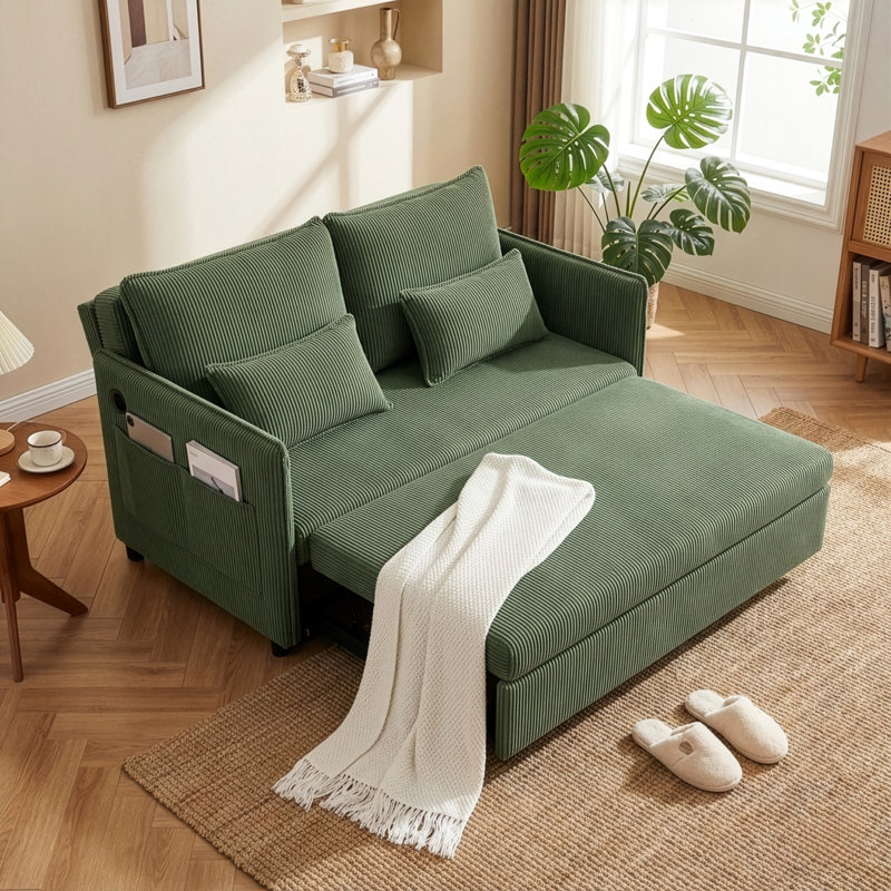 Full Size Convertible Sleeper Sofa, 55.38" Pull Out Sofa Bed, Teal Green