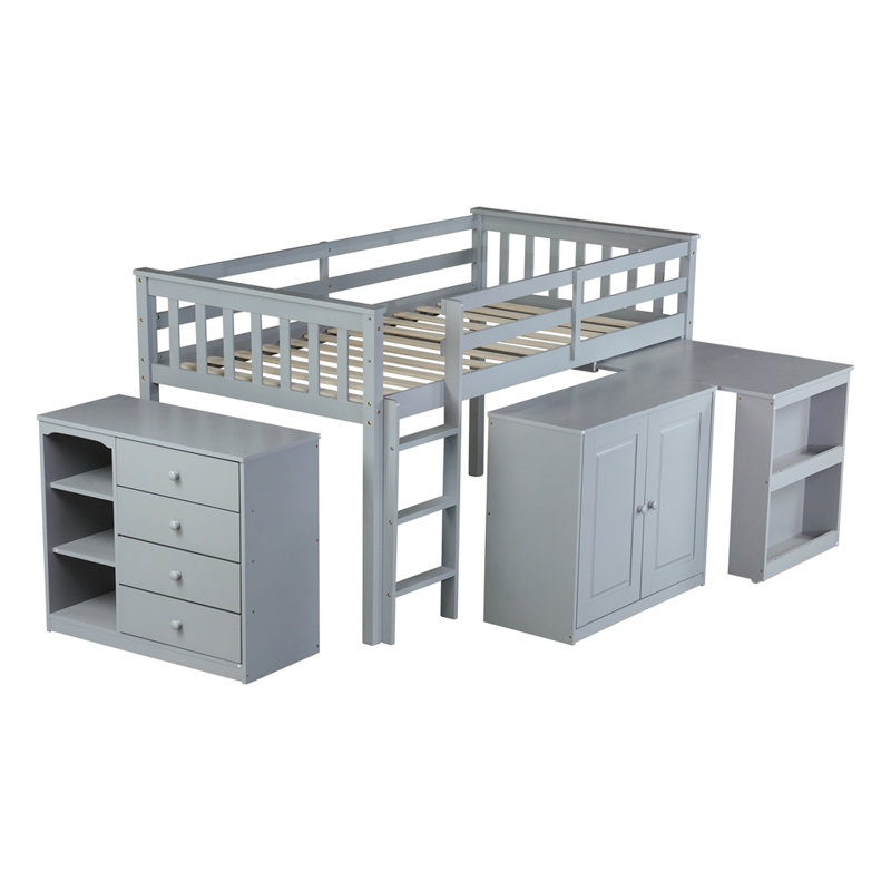 Lit mezzanine simple avec armoire de rangement, armoire à tiroirs et à tablettes et bureau coulissant, lit mezzanine en bois d'hévéa avec barrière de sécurité, échelle