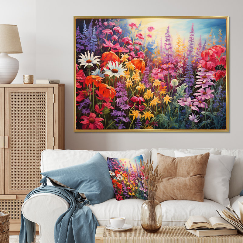Fleurs sauvages dans un jardin de couleurs, reproduction sur toile, Cadre flottant doré, 12" H x 20" W