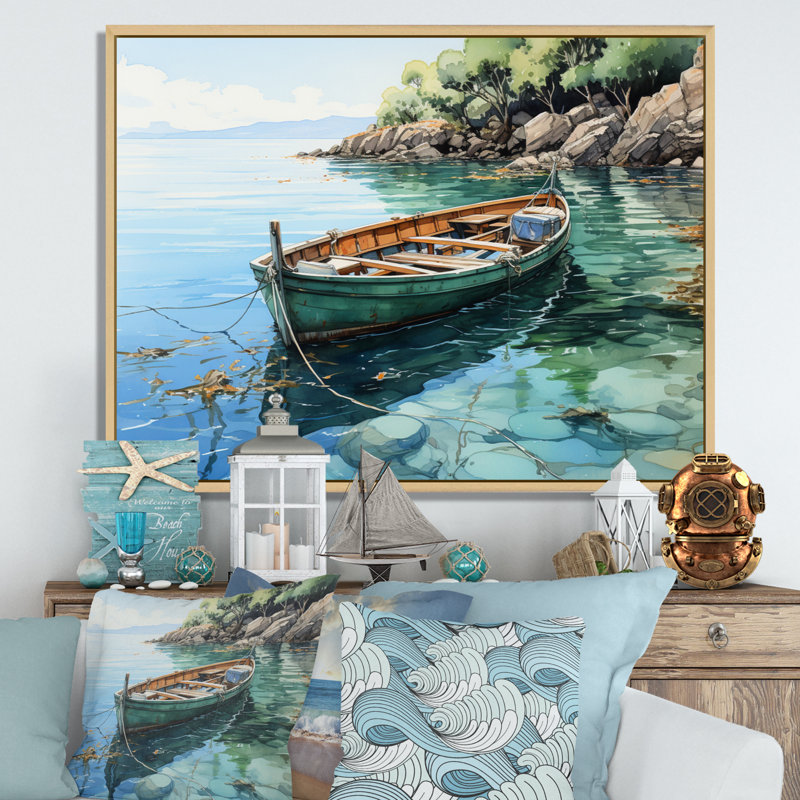 Bateau ancré IV sur toile, H 12 po x l 20 po x P 1 po, Cadre naturel flottant