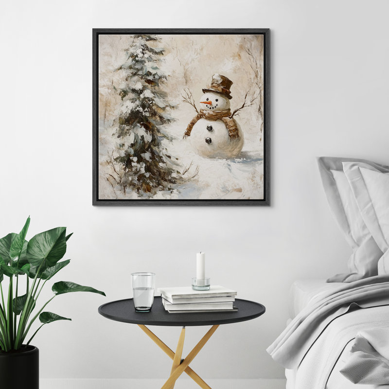 Impression sur toile, bonhomme de neige avec arbre de Noël en hiver, Cadre flottant noir, H 24 po x l 24 po