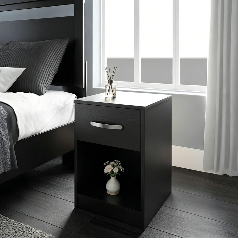 Table de chevet 1 tiroir Finch avec compartiment ouvert, noir et compact avec rangement pour petits espaces Finch