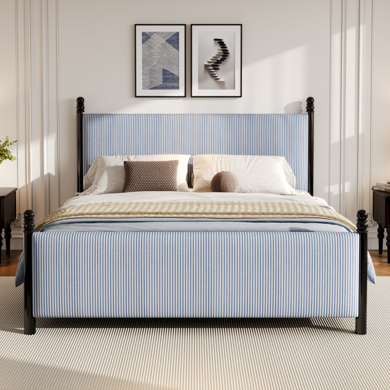 Tove Striped Upholstered Bed with High Headboard & Rubberwood Frame, Queen