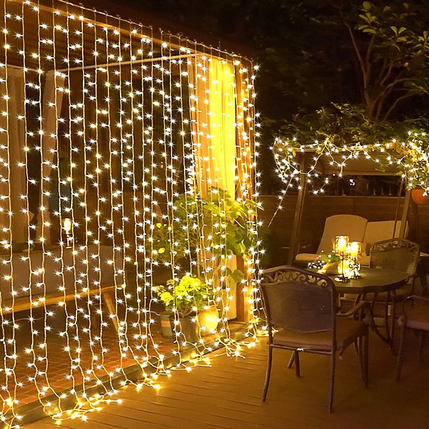 The Holiday Aisle® 300LED Curtain Hanging Lights with Remote, 9.8x9.8Ft | Wayfair