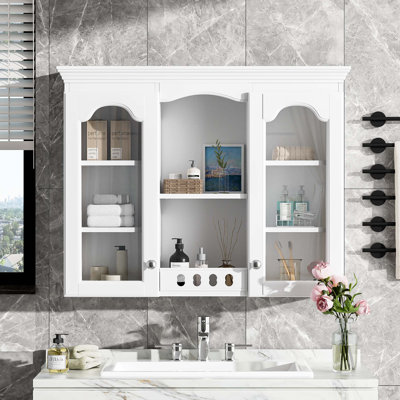 Armoire à pharmacie murale, armoire de salle de bain murale avec 2 portes en verre, armoire de rangement encastrée au-dessus de la toilette avec rangement, blanc
