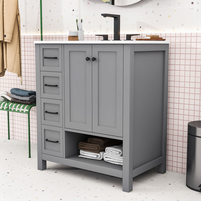 Meuble-lavabo en bois avec comptoir, 2 tiroirs et portes, Gray