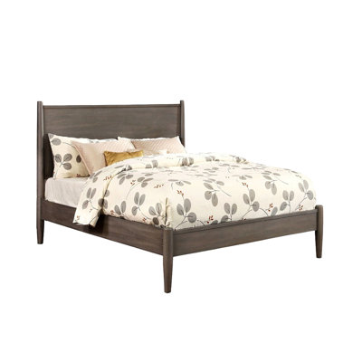 Queen Size Gray Mid - Century Modern Platform Bed, No Box Spring, Round Tapered Legs, Slat Kit, Bedroom Magnetic Ratio Elegant