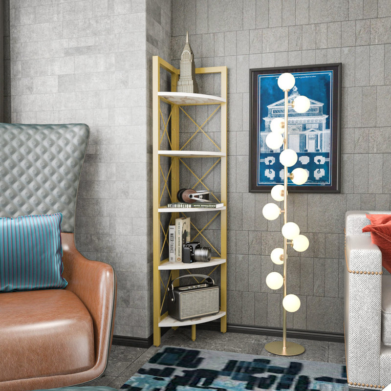 Bibliothèque moderne dorée 63,0 po x 13,0 po x 63,0 po | 100% panneau de particules enduit de mélamine, épaisseur: 0,7 pouce | Conception élégante en marbre, parfaite pour la maison ou le bureau, solution de rangement élégante pour les livres et la décoration