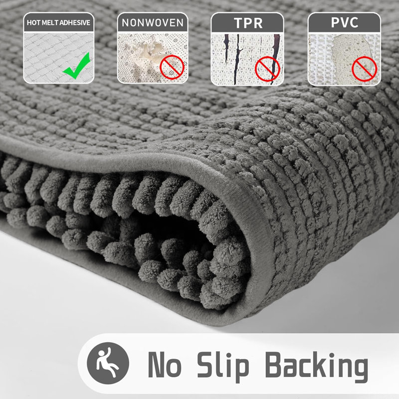 Chenille Non-Slip Non-Slip Bath Mat, Grey, 60cm L x 40cm W