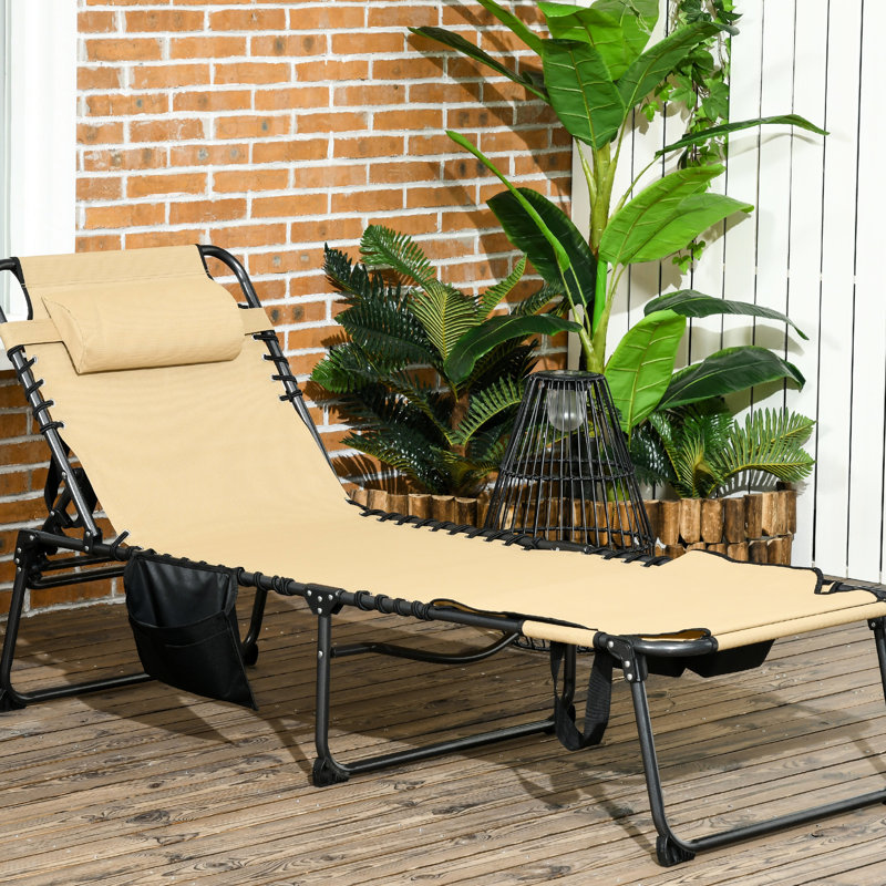 5-Level Reclining Outdoor Chair, , Storage Pocket, Foldable, Beige, For Patio, Beach, Yard Beige Folding Chaise Lounge, Adjustable , Reading Hole, Use