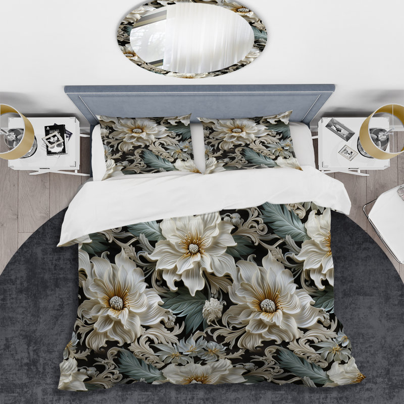 Ensemble de housse de couette à motif floral exotique gris et blanc I, Housse de couette pour très grand lit et 2 très