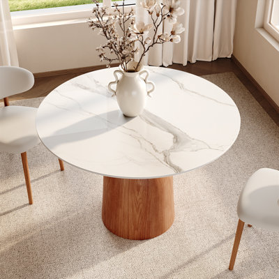 Table de salle à manger ronde de style Mid-Century moderne, plateau en pierre frittée de 39 po / 43 po / 53 po / 59 po, base en bois massif, table de cuisine de ferme, résistante aux taches et aux égratignures
