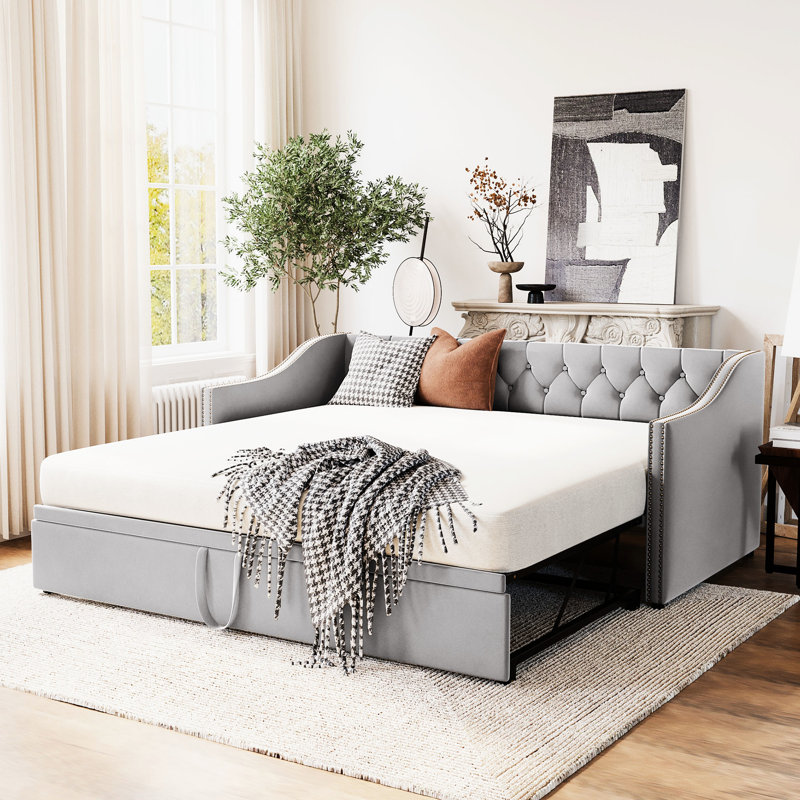 Lit de jour simple avec revêtement gris et lit gigogne ajustable pour adultes revêtus de plusieurs espaces fonctionnels, sans sommier tapissier