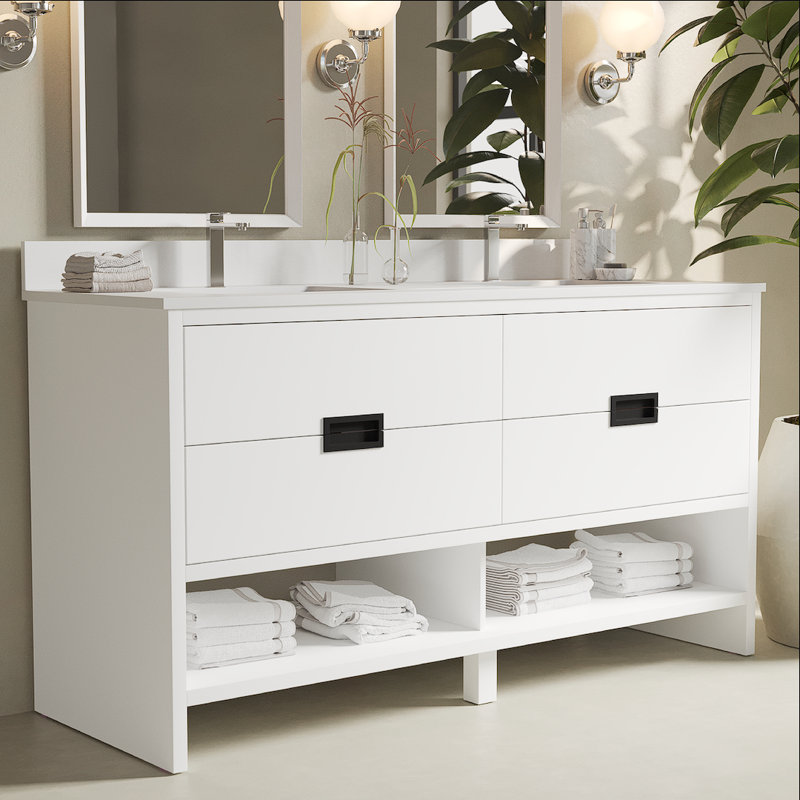 Meuble-lavabo double 63 po avec comptoir en quartz Francia, Blanc