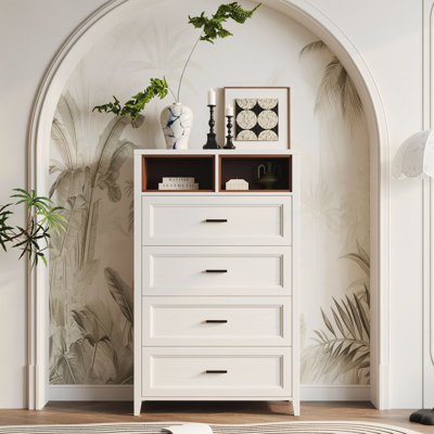 Commode 4 grands tiroirs avec 2 casiers ouverts couleur noyer