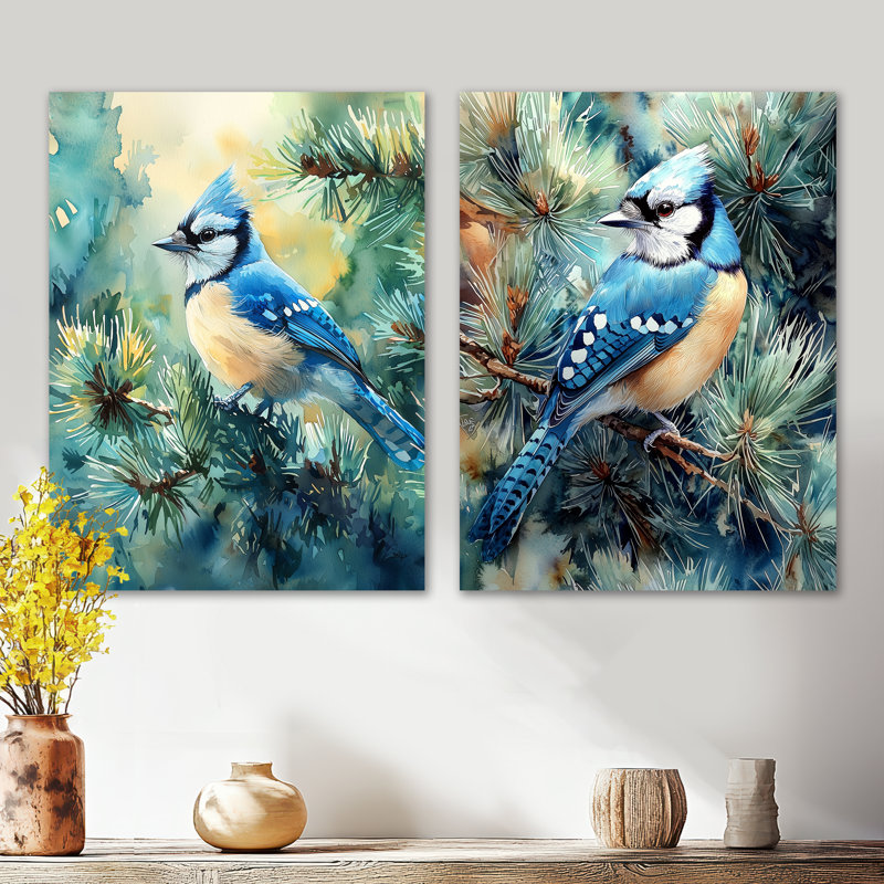 «Blue Jay parmi les pins», reproduction d'art en métal 2 pièces, 32" H x 48" W